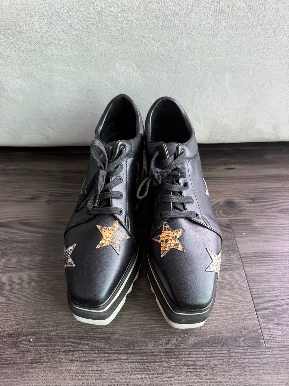 Stella McCartney Black Platform Lace-Up Sneakers with Gold & Silver Star Accents